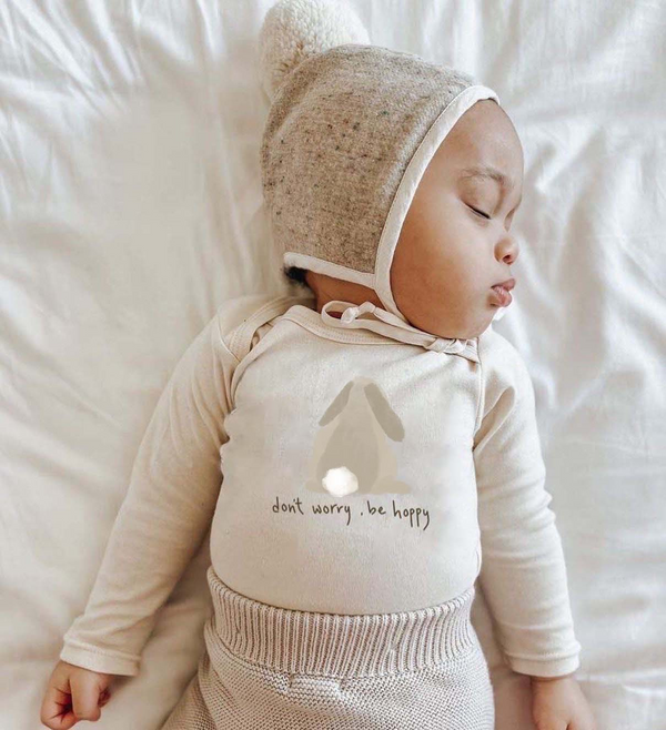 "Don't Worry, Be Hoppy" Grey Bunny Long Sleeve Organic Bodysuit